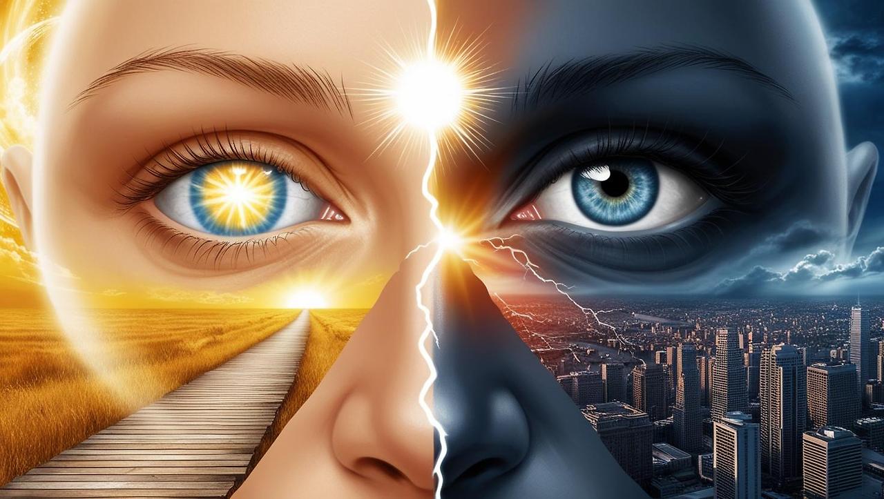 A surreal depiction of two contrasting perspectives_ On one side, an eye glowing with divine light, radiating warmth, peace, and unwavering faith, gazing at a bright, hopeful path leading to a golden horizon. O (1).jpg