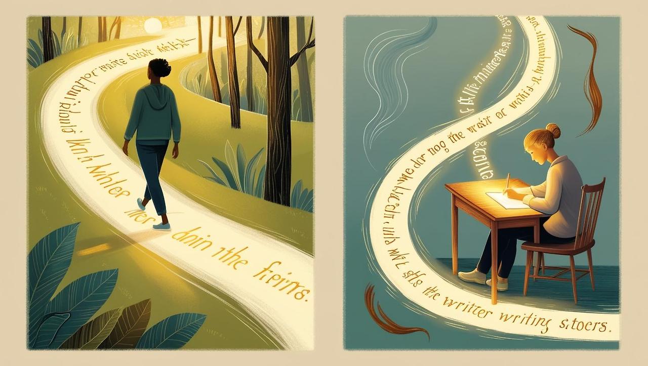 _An artistic illustration depicting the connection between writing and walking. On one side, a person is walking along a winding path, each step leaving behind words or sentences as footprints. On the other sid (1).jpg
