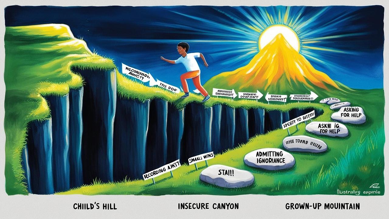 A visually engaging conceptual illustration depicting a person navigating through the _Insecure Canyon_ on their journey toward mastery. The image should represent the five stages of learning_ starting with confide.jpg