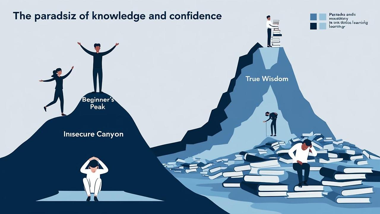 _An insightful illustration depicting the paradox of knowledge and confidence. The image should show a person standing on a small hill labeled 'Beginner’s Peak,' confidently proclaiming their expertise. Below, a de.jpg