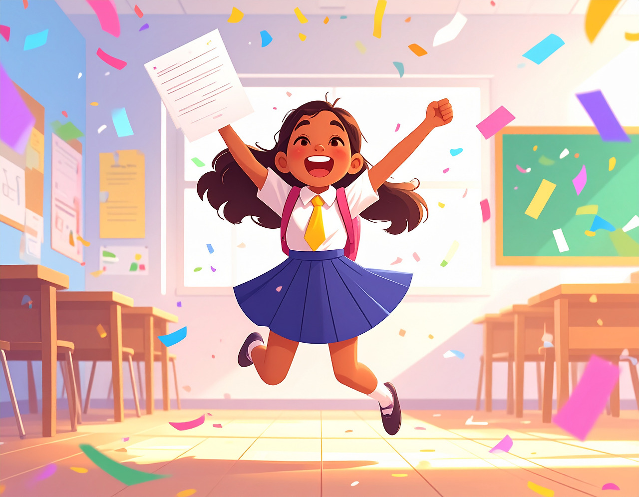 Firefly_an illustrated happy girl holding a report card with excellent grades, jumping with j 554630.jpg