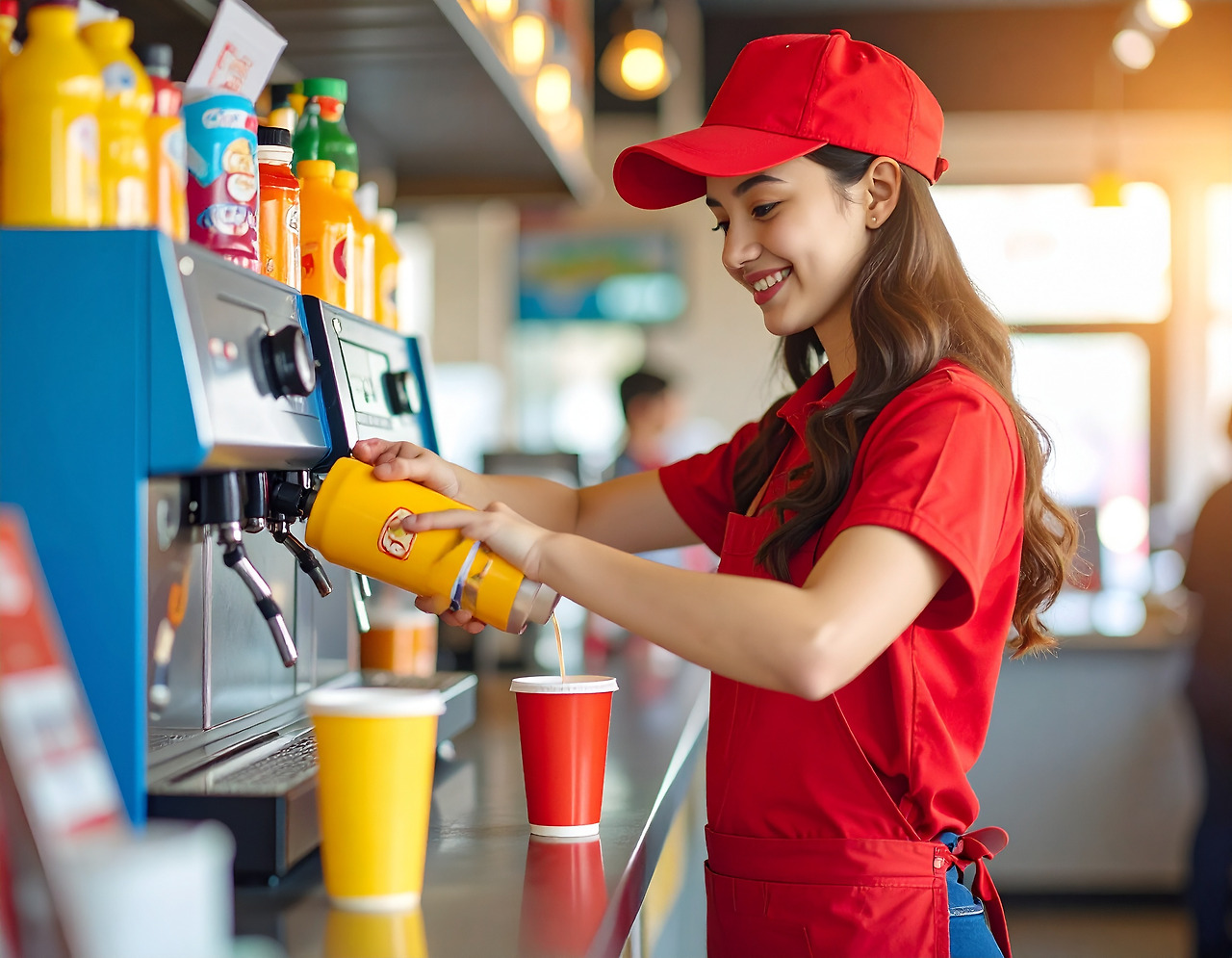 Firefly_A cheerful teenage girl working at a fast-food restaurant, pouring a drink into a cup 815330.jpg