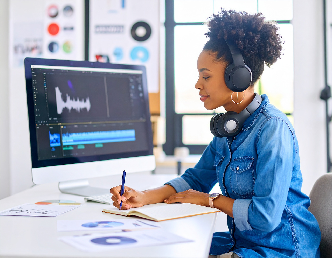 Firefly_A stylish young woman working at a music entertainment agency, sitting at a desk surr 465933.jpg