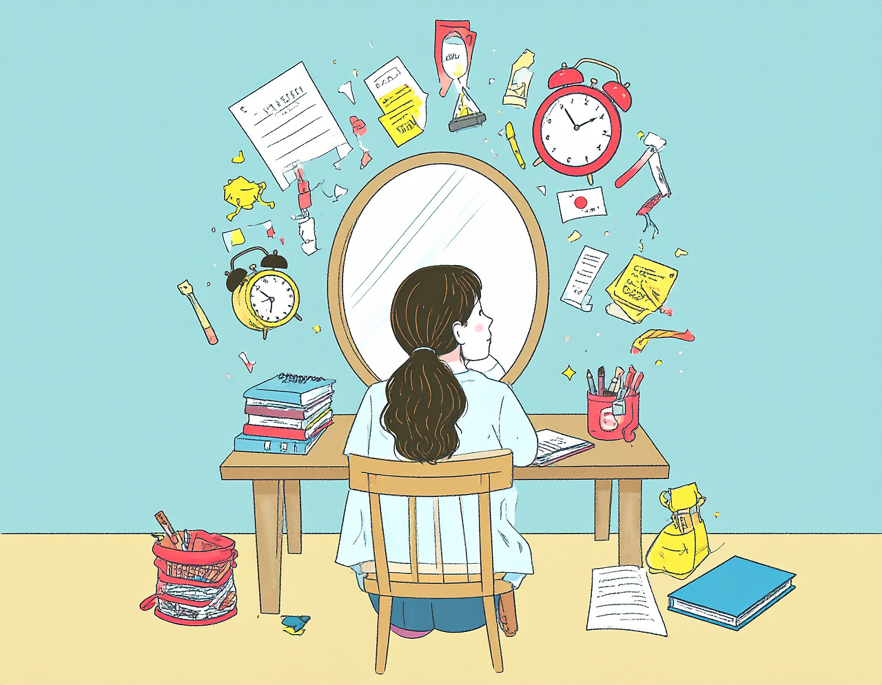 Firefly_an illustration of a female college student sitting at a desk, surrounded by symbolic 599144.jpg