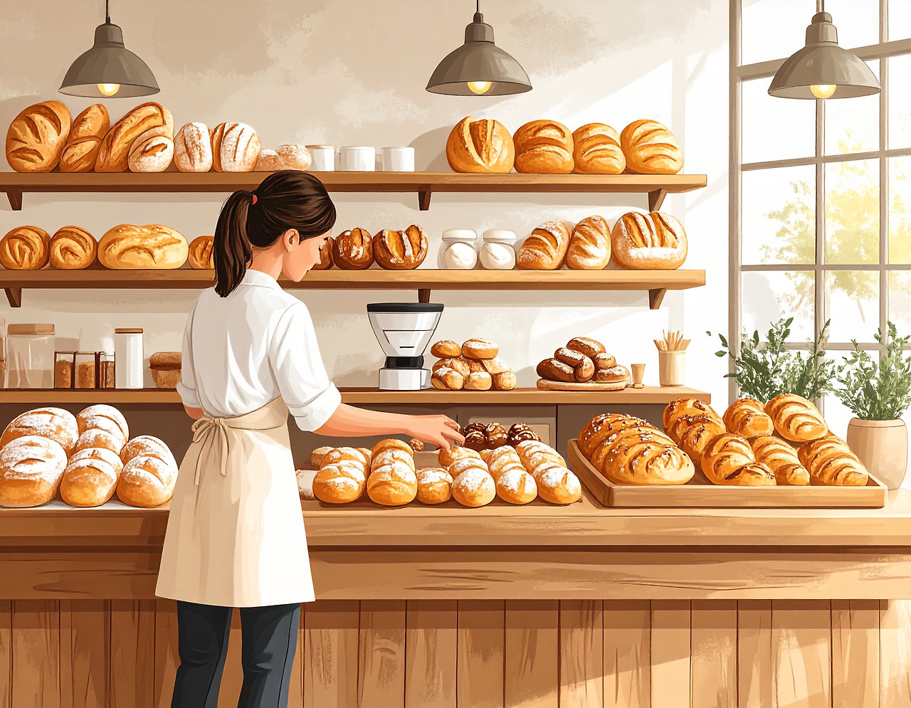 Firefly_A friendly girl working part-time at a bakery, wearing a beige apron and a white blou 426677.jpg