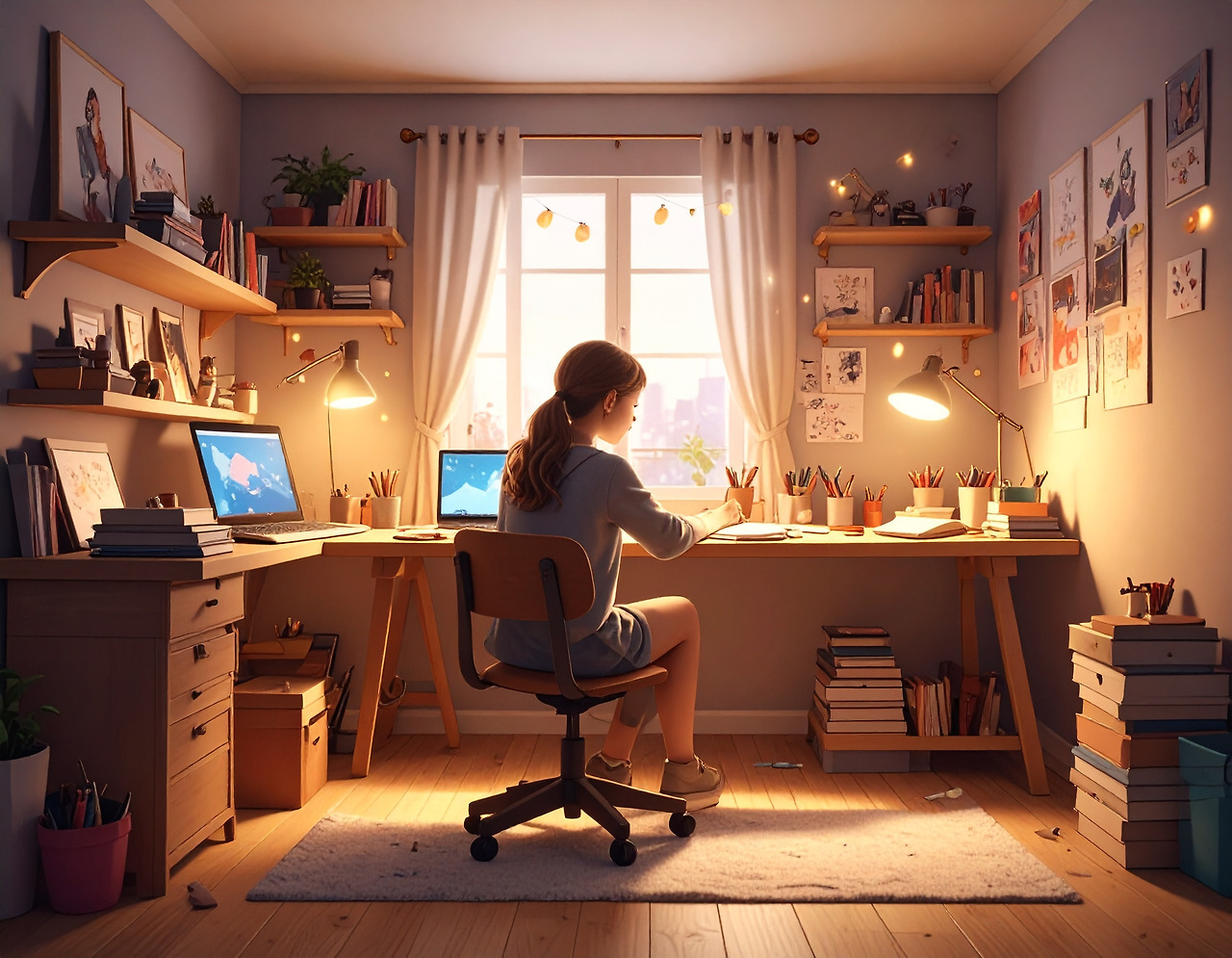 Firefly_A creative girl writing a novel and sketching comics in her cozy room, surrounded by  576754.jpg