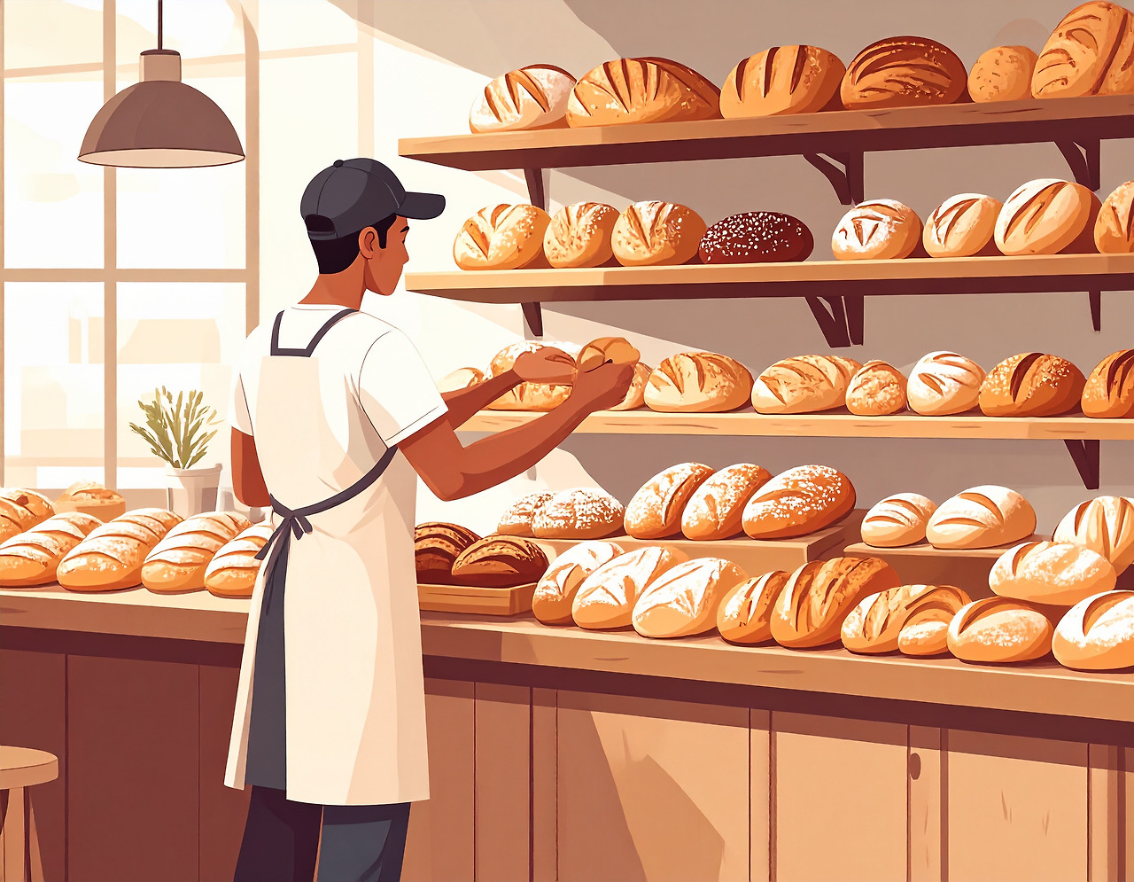 Firefly_an illustration of a young person working part-time at a bakery, wearing an apron and 491464.jpg