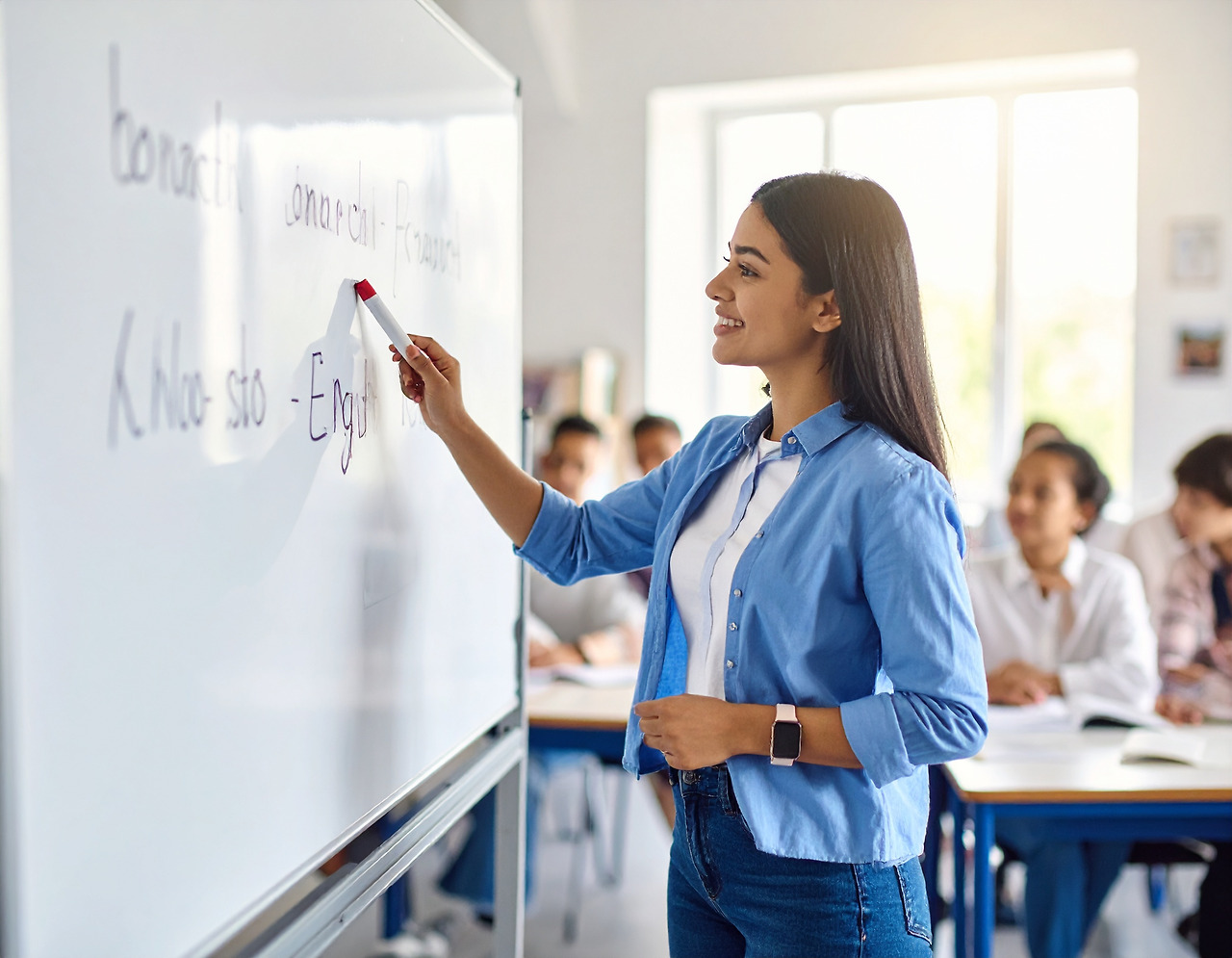 Firefly_A young female college student teaching English at a private academy, standing in fro 465933.jpg