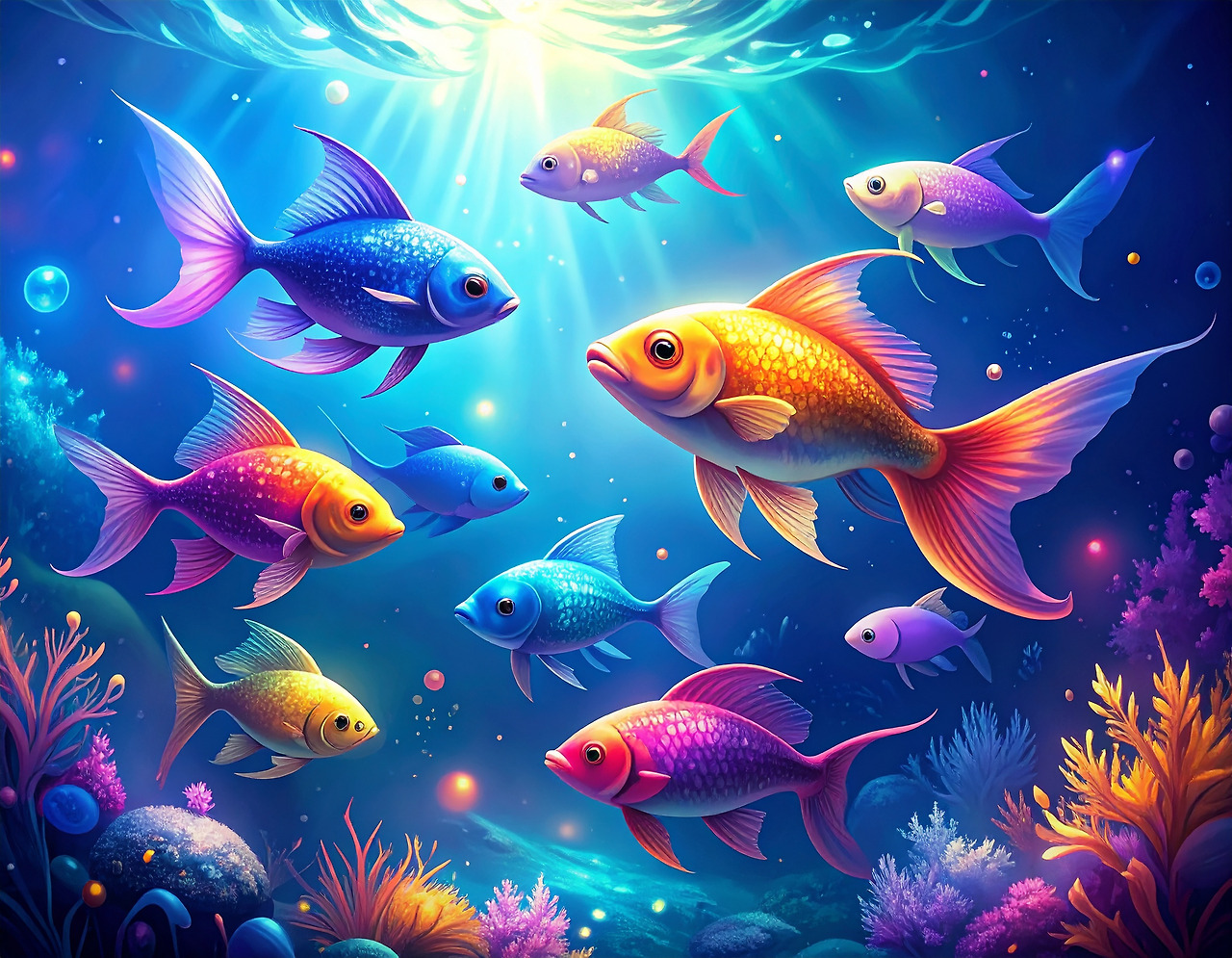 Firefly_A group of colorful, fantasy-style fish freely swimming through glowing, dreamlike un 574326.jpg