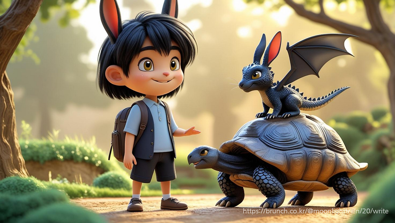 독창적. 토끼와 거북이 우화. 검은색 털 토끼 , 중2병, 오른손에 흑염용. 거북이 성실, 하루 5만보. 3D형태로 생성요청..jpg