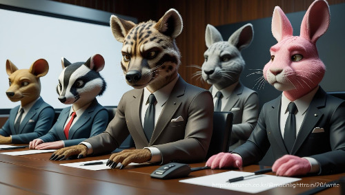 독창적. 의인화. 하이에나가 회의실에서 발표하는 장면. 거북이(여자), 오소리, 분홍색 토끼, 사자, 호랑이 들이  회의 테이블에 앉아 있다. 여성 오소리는 깔끔한 정장차림에 불쾌한 표정을 하고 있다. 분혹색 토끼(남자) 날렵한 슈트 차림으로 무표정하다. 거북이(여자)는 단정한 정장을 입고 안절 부절한다. 사자(남자)는 대장으로 매우 불쾌한 표정이다. 하이에나(양아치 스타일 정장_.jpg