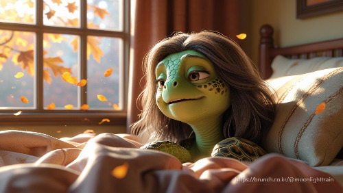 독창적. 의인화. 거북이가 침대에서 일어났다. 창밖에는 가을 낙엽이 지고 있다. 거북이(여자) 숙취로 머리가 아픈 모습이다. 3D.jpg