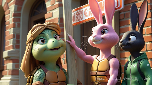 독창적. 의인화. 건물에 간판을 달고 있다. 거북이 여성이 간판을 다는 것을 행복하게 바라본다. 그 옆에 핸썸하고 늘씬한 분홍색 토끼가 거북이를 행복하게 바라본다. 옆에는 또 닌자거북이 차림을 한 거북이와 육상복을 입은 검은색 날렵한 토끼가 서있다. 3D..jpg