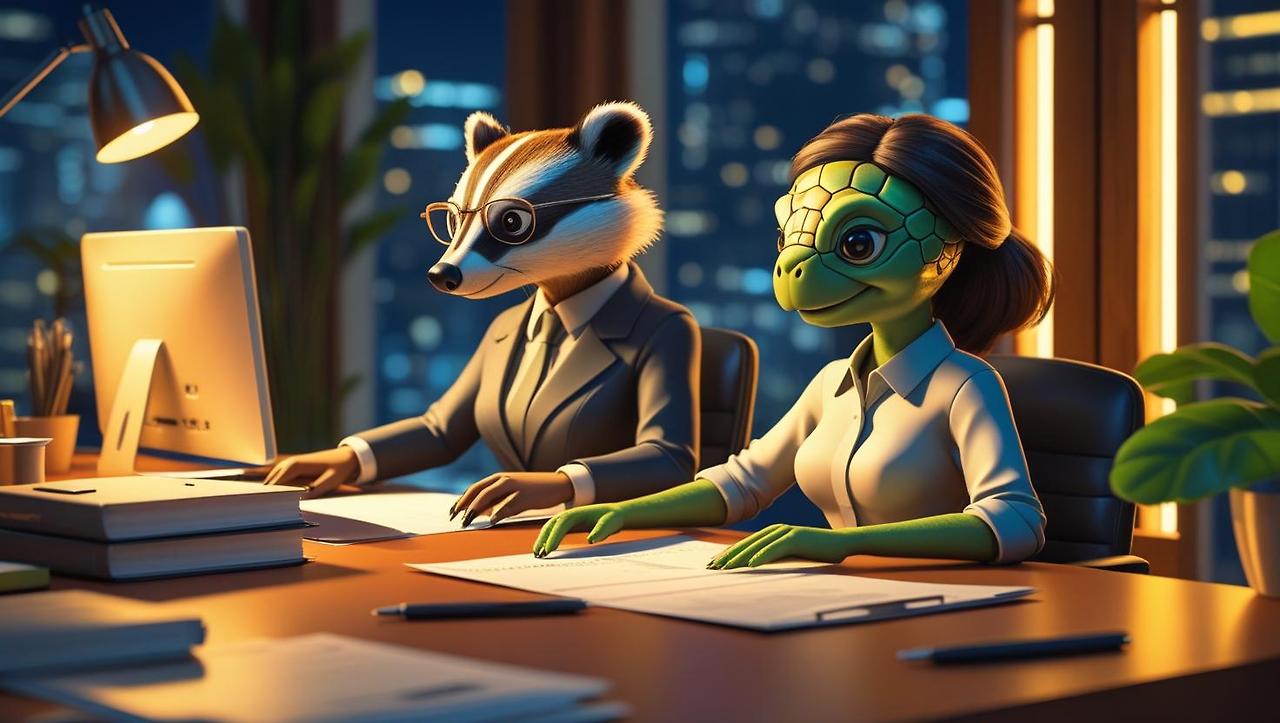 창적. 사무실. 야근. 오소리와 거북이가 일하고 있다. 거북이 의인화. 오소리 의인화. 둘 다 여성. 3D. (3).jpg