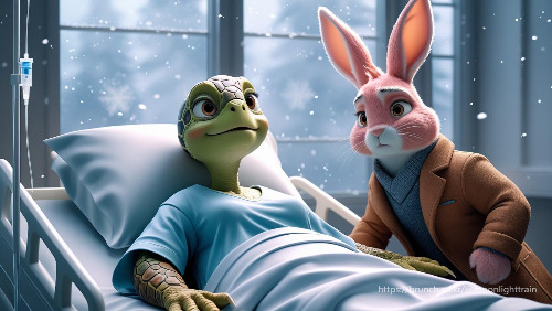 독창적. 의인화. 거북이가 병원 침대에서 일어났다. 창밖에는 눈이 내리고 있다. 거북이(여자)는 환자복을 입고 링거를 맞고 있다. 옆에 핸섬한 분홍토끼(남자)가 겨울 코트를 입고 걱정스러운 모습으로 앉아있다. 3D..jpg