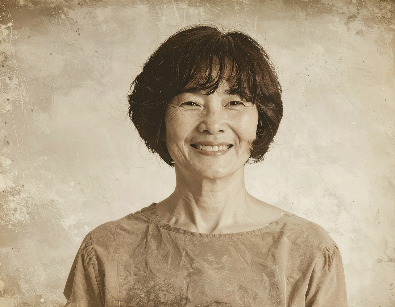 Firefly_Korean mom aged as late 60's smiling with bob hair in dark brown color. 9528.jpg