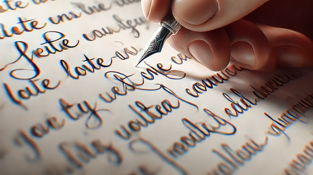DALL·E 2025-09-01 16.19.41 - A realistic close-up of a human hand writing passionately with a pen on paper. The handwriting on the paper is visible, showing flowing cursive text w.jpg