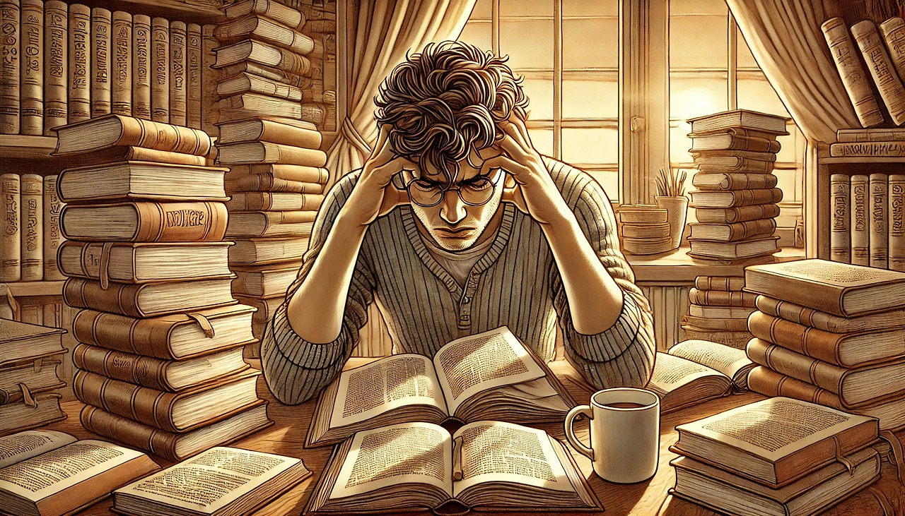 DALL·E 2024-07-26 11.07.51 - A detailed illustration of a person deeply engrossed in studying literature with an intense, focused expression, almost struggling with concentration.jpg