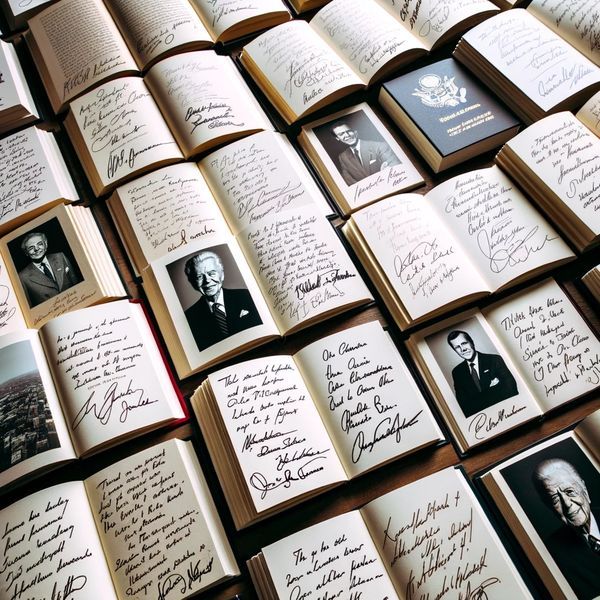 DALL·E 2023-10-20 15.18.27 - photo of an array of hardcover books spread out, each revealing a page with hand-written notes of praise from famous personalities, accompanied by the.jpg