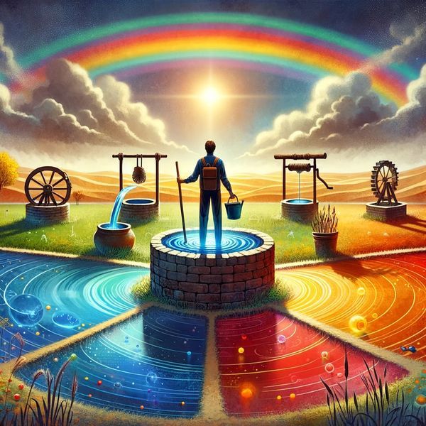 DALL·E 2024-02-23 07.46.21 - An individual stands in front of several wells, each filled with water of different colors, symbolizing diverse fields of knowledge and skills. The pe.jpg