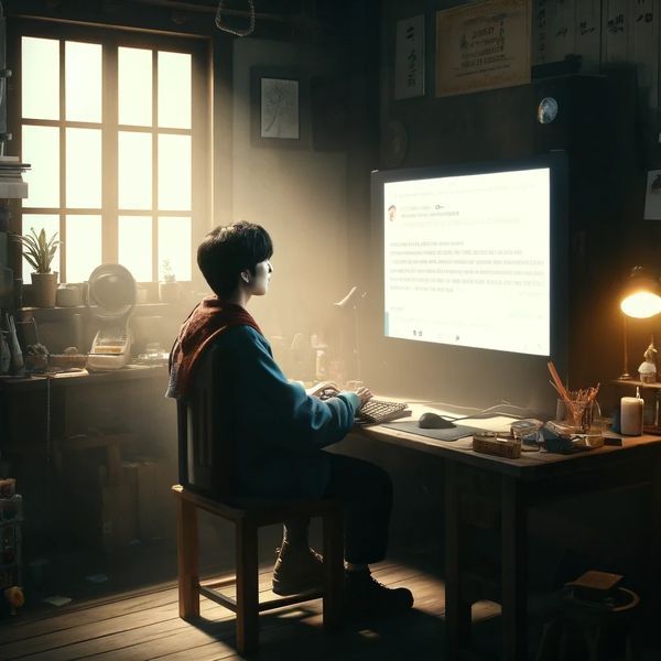 DALL·E 2024-04-04 08.28.09 - In this further evolved scene, the artist of Korean descent is now in front of an even smaller monitor, pushing the concept of minimalism to its limit.jpg