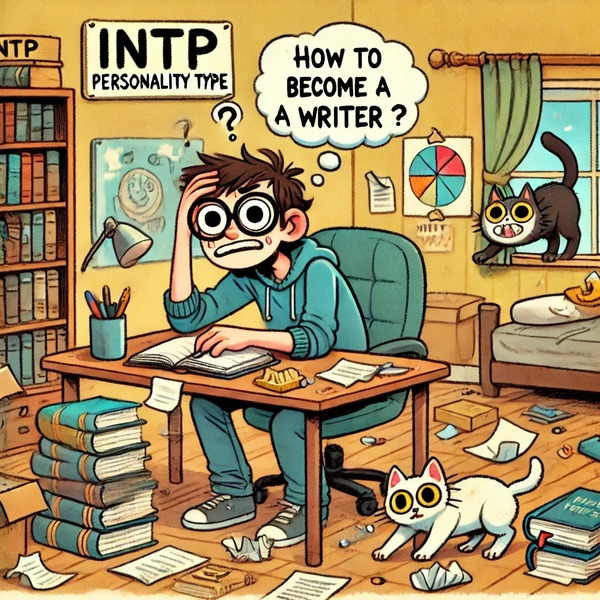 DALL·E 2025-01-15 09.09.43 - A comedic illustration of an INTP personality type struggling with the idea of becoming a writer. The scene shows the character sitting at a desk with.jpg