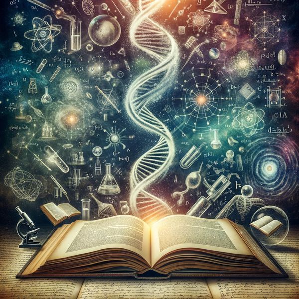 DALL·E 2024-02-22 18.44.31 - A captivating image that artistically represents the fusion of science and books, featuring an open book at the center with its pages transforming int.jpg