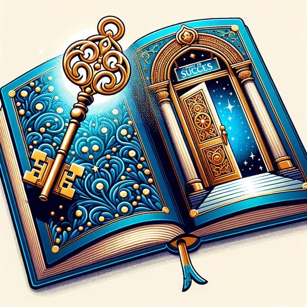 DALL·E 2023-10-19 12.27.06 - vector design of a vibrant blue book with intricate golden patterns on its cover. As the book opens, a shimmering golden key emerges, floating towards.jpg