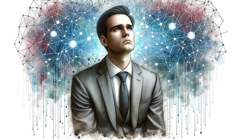 DALL·E 2023-10-20 12.54.54 - Watercolor painting of a human professional, like a doctor or lawyer, looking dejected and lost, with a backdrop of a vast digital network, representi.jpg