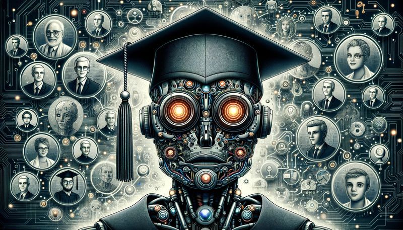 DALL·E 2023-10-20 13.13.56 - Illustration of a robot with intricate circuits and glowing eyes, wearing a graduation cap, surrounded by faded memories of human professionals in the.jpg