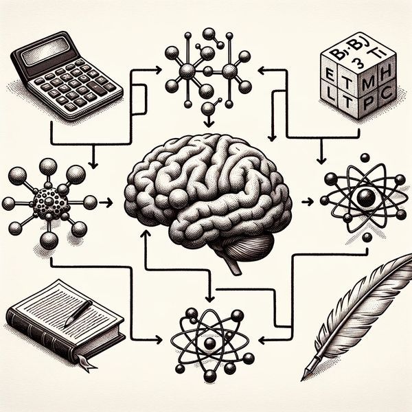 DALL·E 2023-10-24 11.49.29 - Artistic illustration of a flowchart without any text or labels, showcasing hand-drawn icons of a brain, calculator, pen, and 3D cube. These icons lea.jpg