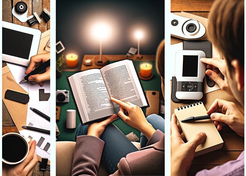 DALL·E 2024-04-02 15.31.51 - A creative scene depicting three different review scenarios in one image_ 1. A person carefully examining and reviewing an e-book reader, closely obse.jpg