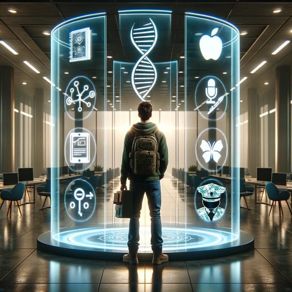 DALL·E 2024-03-18 10.49.55 - A modern young adult stands in the center of a brightly lit, spacious room, surrounded by symbols representing six distinct career paths, illustrating.jpg