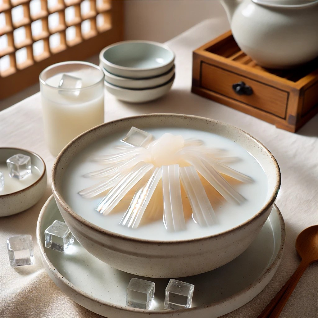 DALL·E 2024-08-11 14.08.35 - A Korean summer dish featuring thinly sliced umu jelly (우무묵) served in a bowl of chilled soybean milk (콩물). The umu jelly is cut into thin strips and .jpg