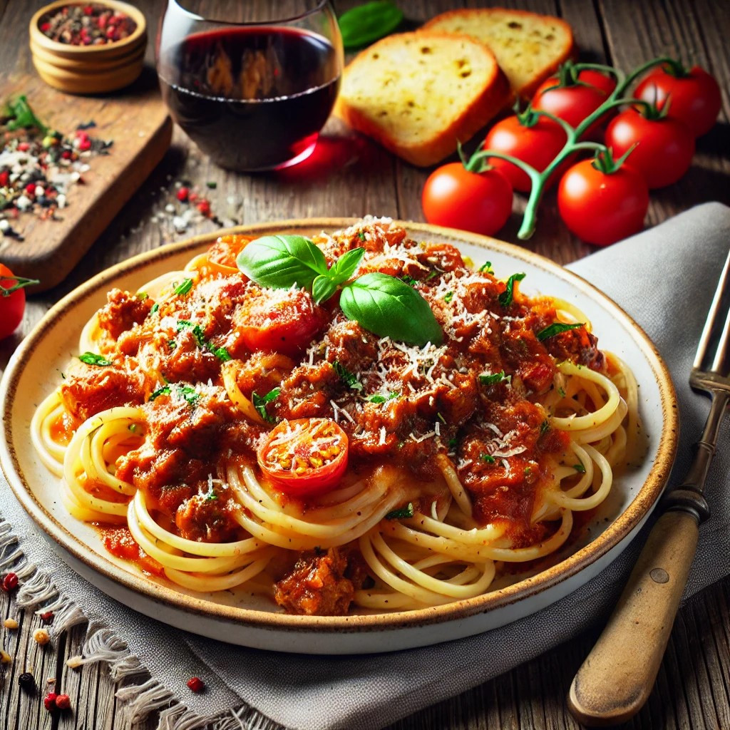 DALL·E 2024-08-07 12.54.38 - A plate of ragù pasta, featuring rich and hearty meat sauce mixed with wide pasta noodles. The sauce should be thick and filled with chunks of tender .jpg