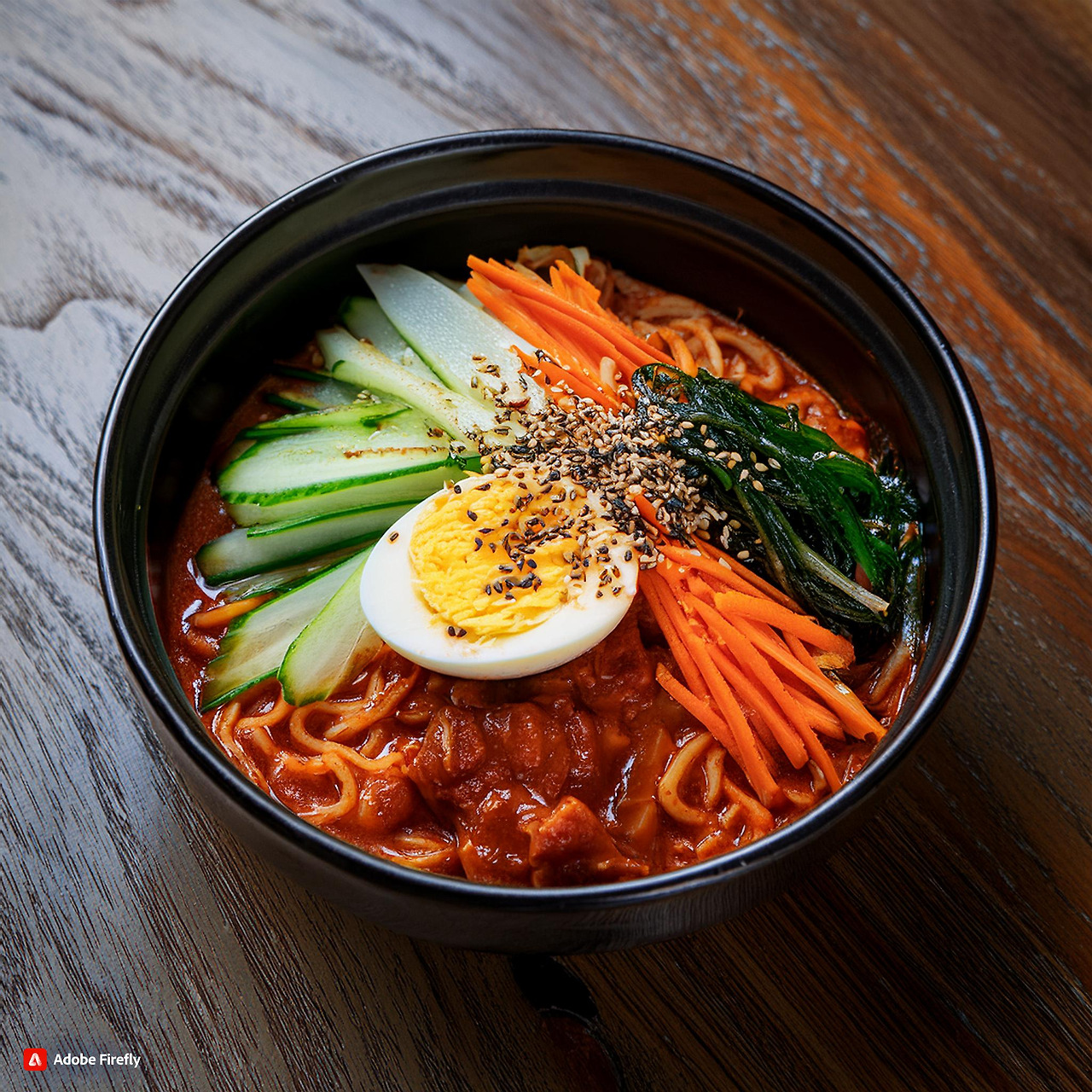 Firefly A vibrant bowl of Yeolmu Bibim Guksu (cold buckwheat noodles with young radish kimchi) on a .jpg