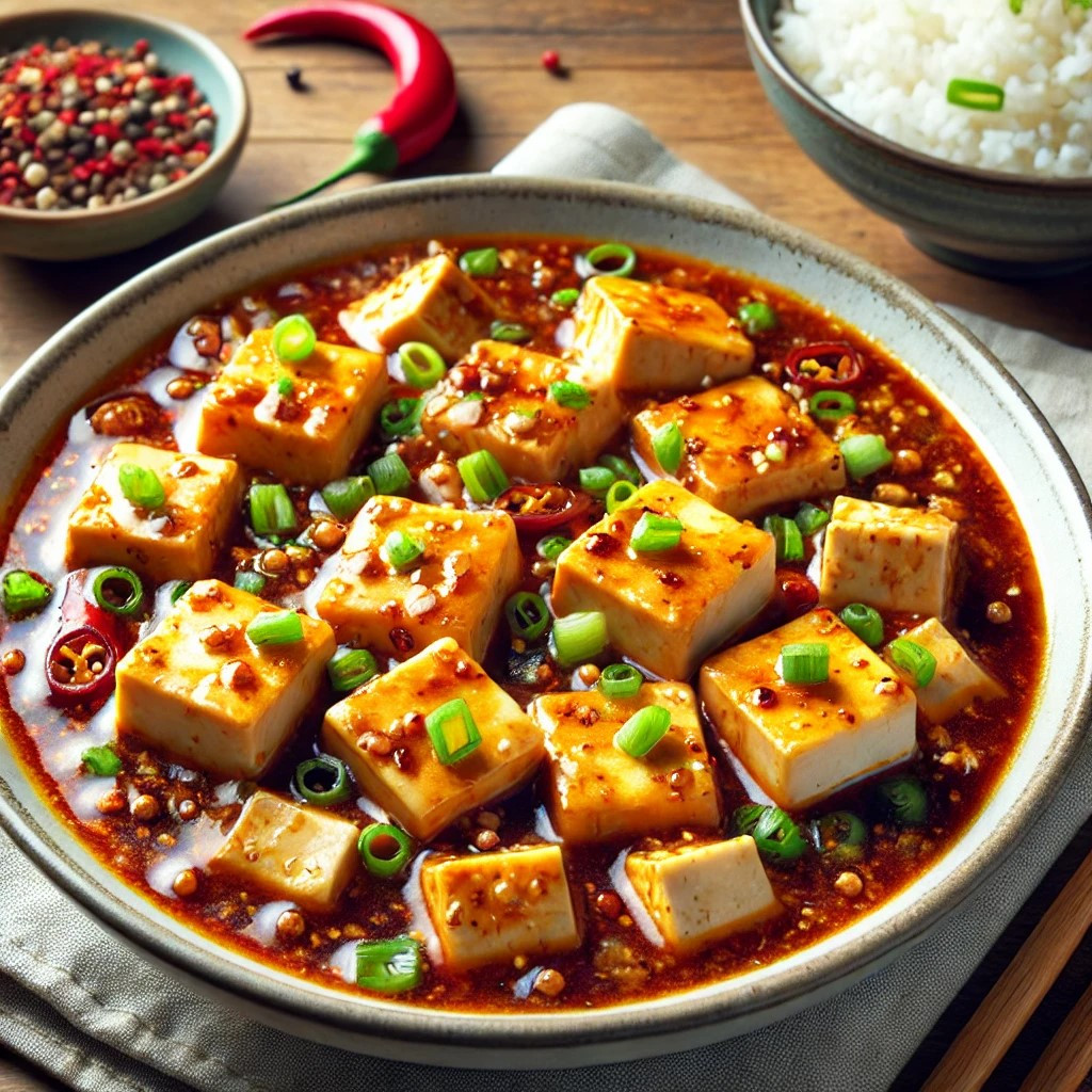 DALL·E 2024-08-07 12.56.15 - A plate of Hong Kong-style mapo tofu, featuring soft tofu cubes in a rich, spicy, and savory sauce. The dish is garnished with chopped green onions an.jpg