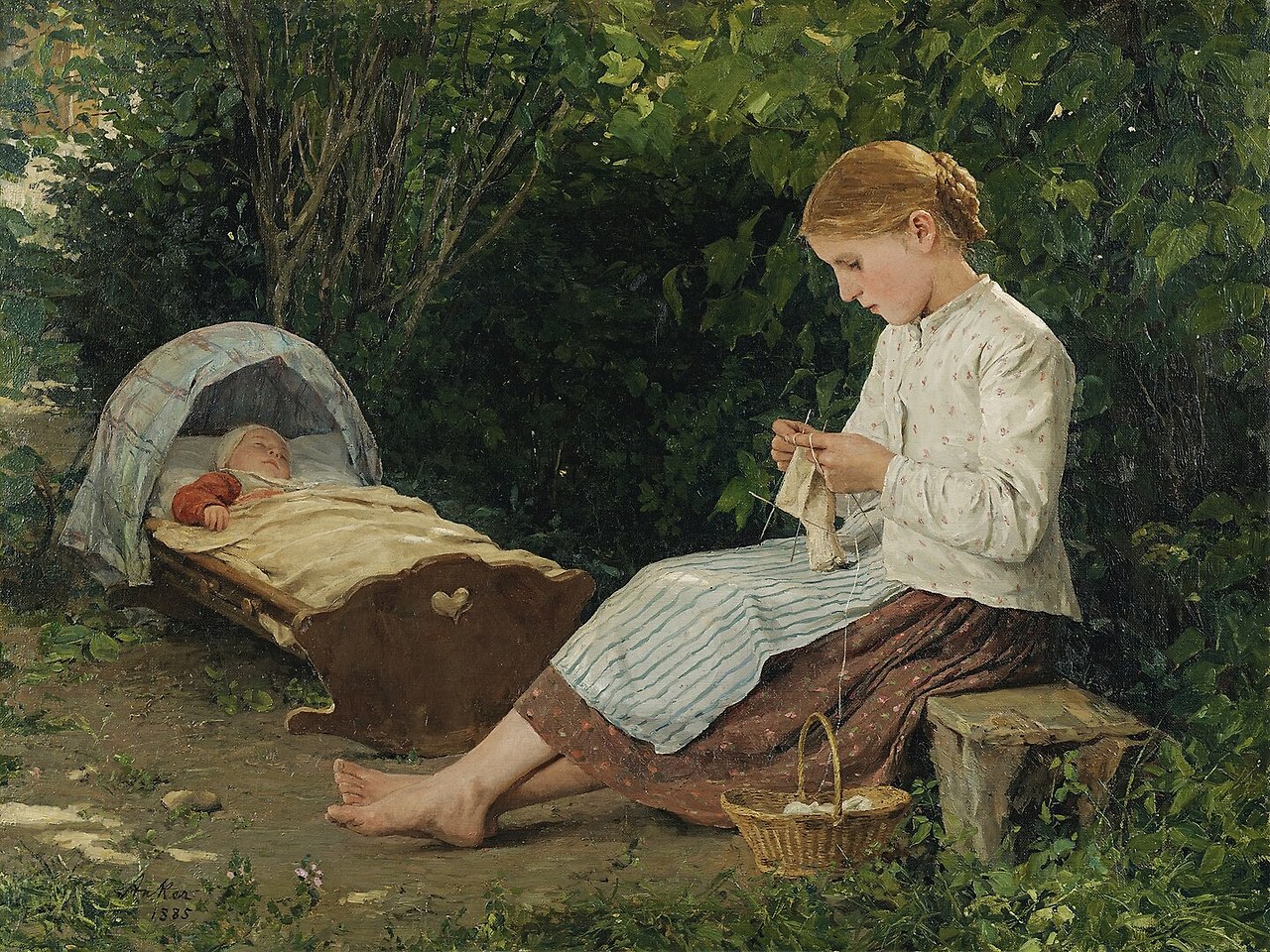 1439px-Albert_Anker_-_Strickendes_Mädchen,_Kleinkind_in_der_Wiege_hütend.jpg