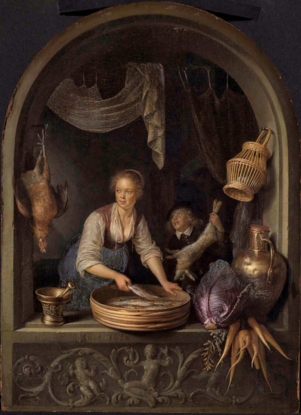 1652_Girl_in_a_window_with_fish,_eggs_and_vegetables_with_boy_holding_a_hare.jpg