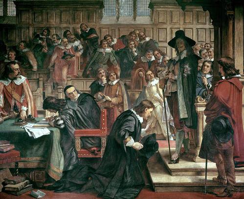 The attempted arrest of the Five members by Charles I in 1642, painting in the Lord's Corridor, Houses of Parliament, by Charles West Cope.jpg