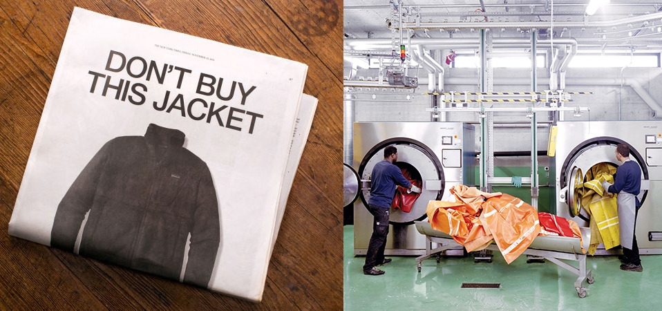 사진4) 환경을 위해 '소비하지 말 것'을 권한 파타고니아의 전설적인 광고(좌)와 연간 100만 갤런의 빗물로 수거된 트럭 천막을 세척해서 가방을 만드는 프라이탁의 공정 현장(우)..jpg