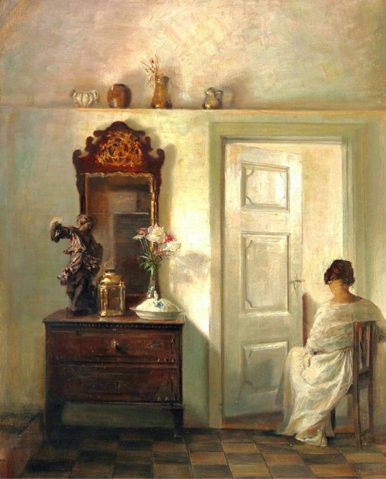 Carl Holsoe, Interior with the artist's wife seated at an open door, Date unknown, oil on canvas, Private collection.jpg
