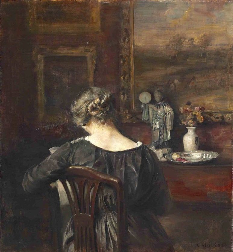 Carl Holsoe, Interior with the artist's wife, Date unknown, oil on canvas, Private collection.jpg