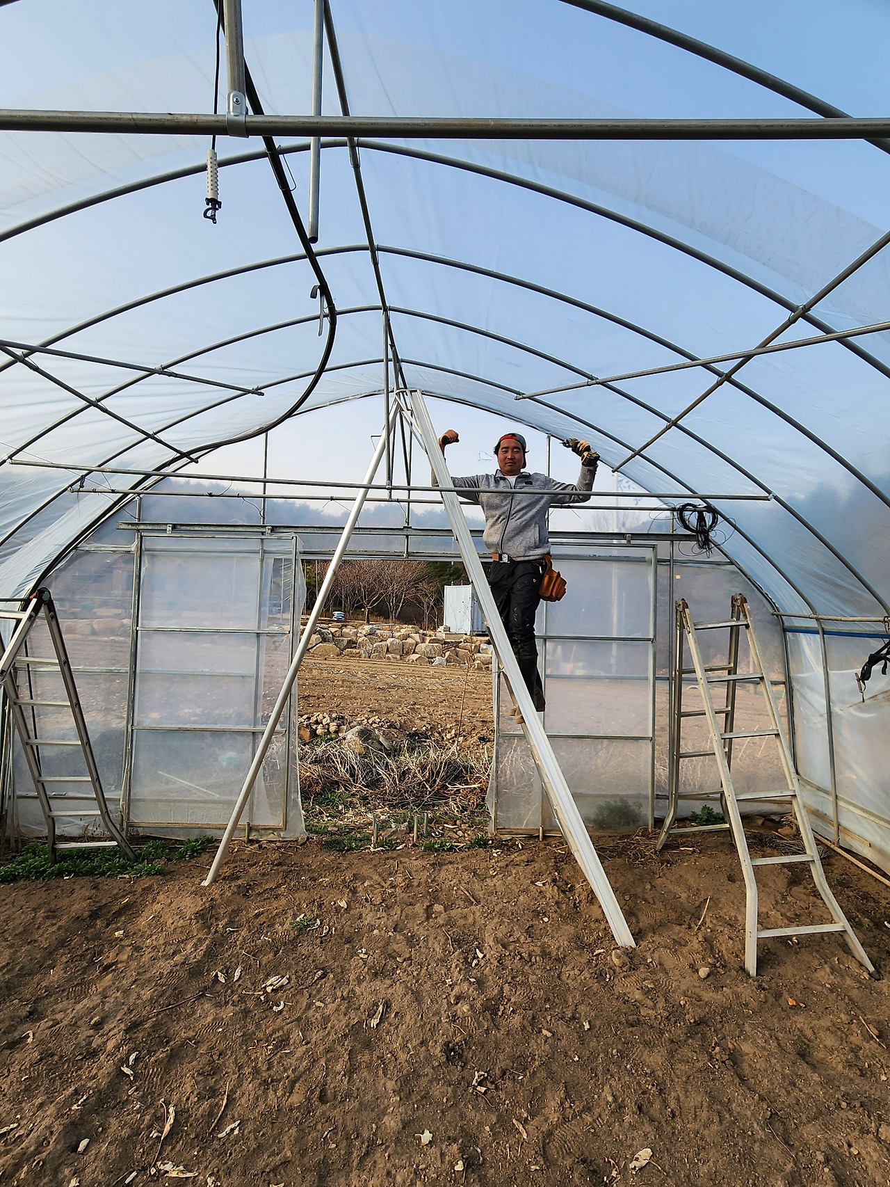 토마토 지주 파이프 설치작업_마지막 작업을 앞두고 신반장의 자랑_20230413_173408.jpg