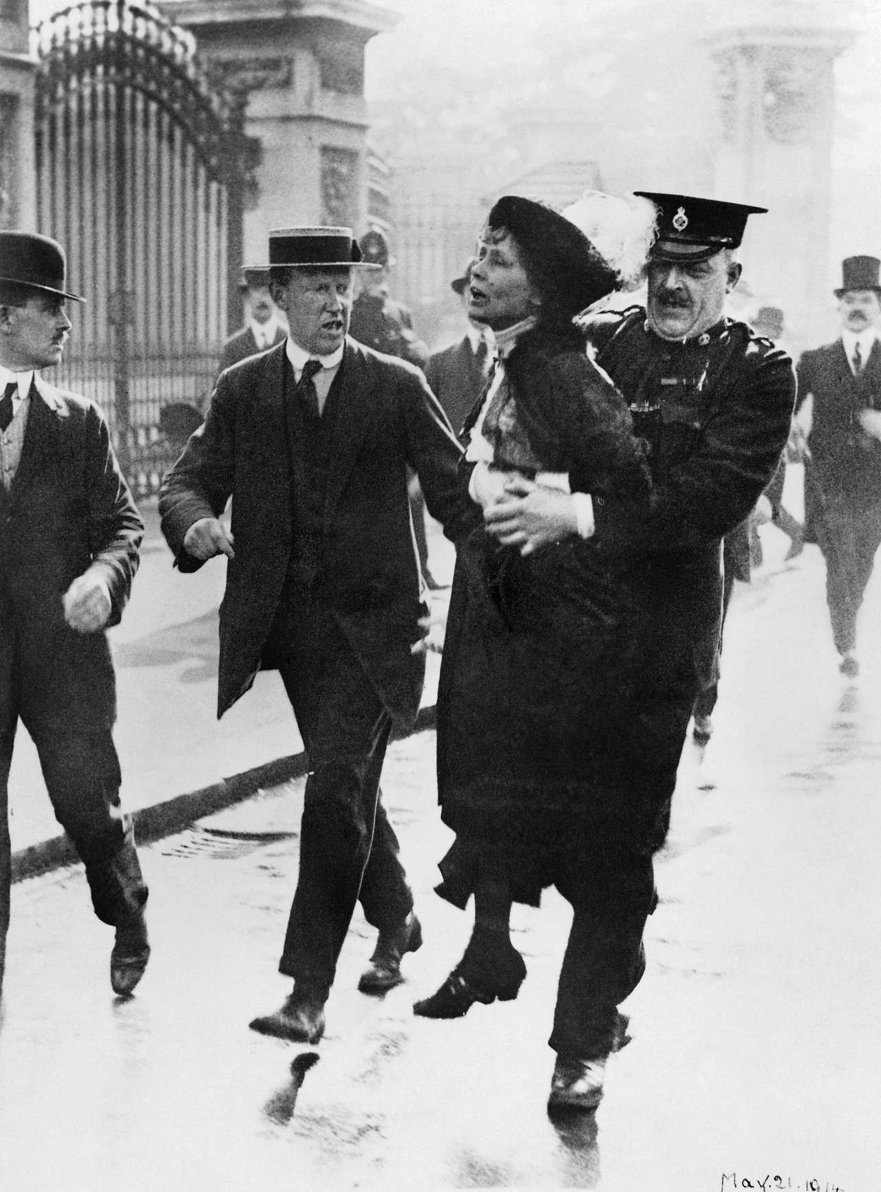 Mrs Emmeline Pankhurst, Leader of the Women's Suffragette movement, is arrested outside Buckingham Palace while trying to present a petition to King George V in May 1914.jpg
