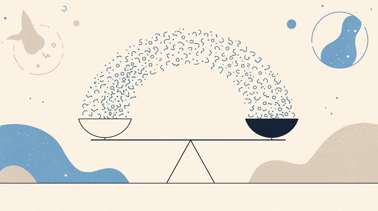 balance and imbalance concept, excess and deficiency energy, abstract scales or flowing particles uneven distribution, minimal modern wellness illustration, soft blue beige tones, no text.jpg