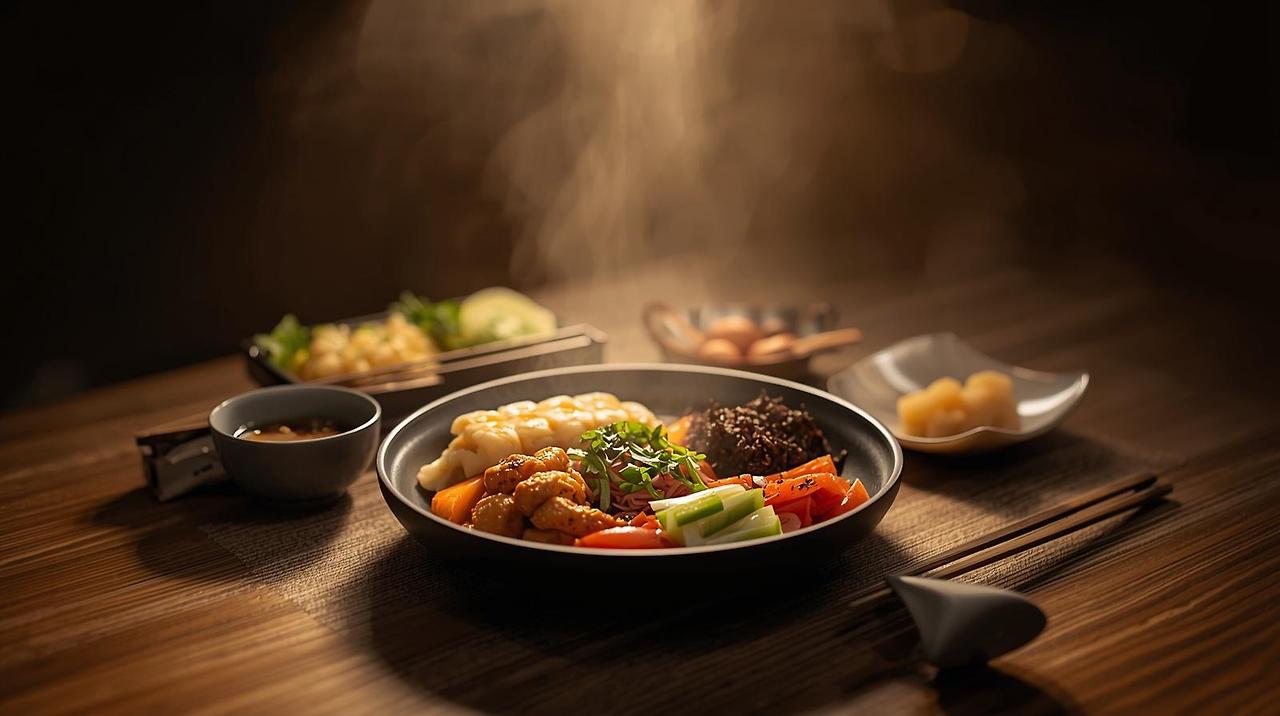 healthy korean meal and body reaction concept, warm light table, subtle energy glow around food, calm wellness lifestyle image, minimal natural light, no text, high detail.jpg