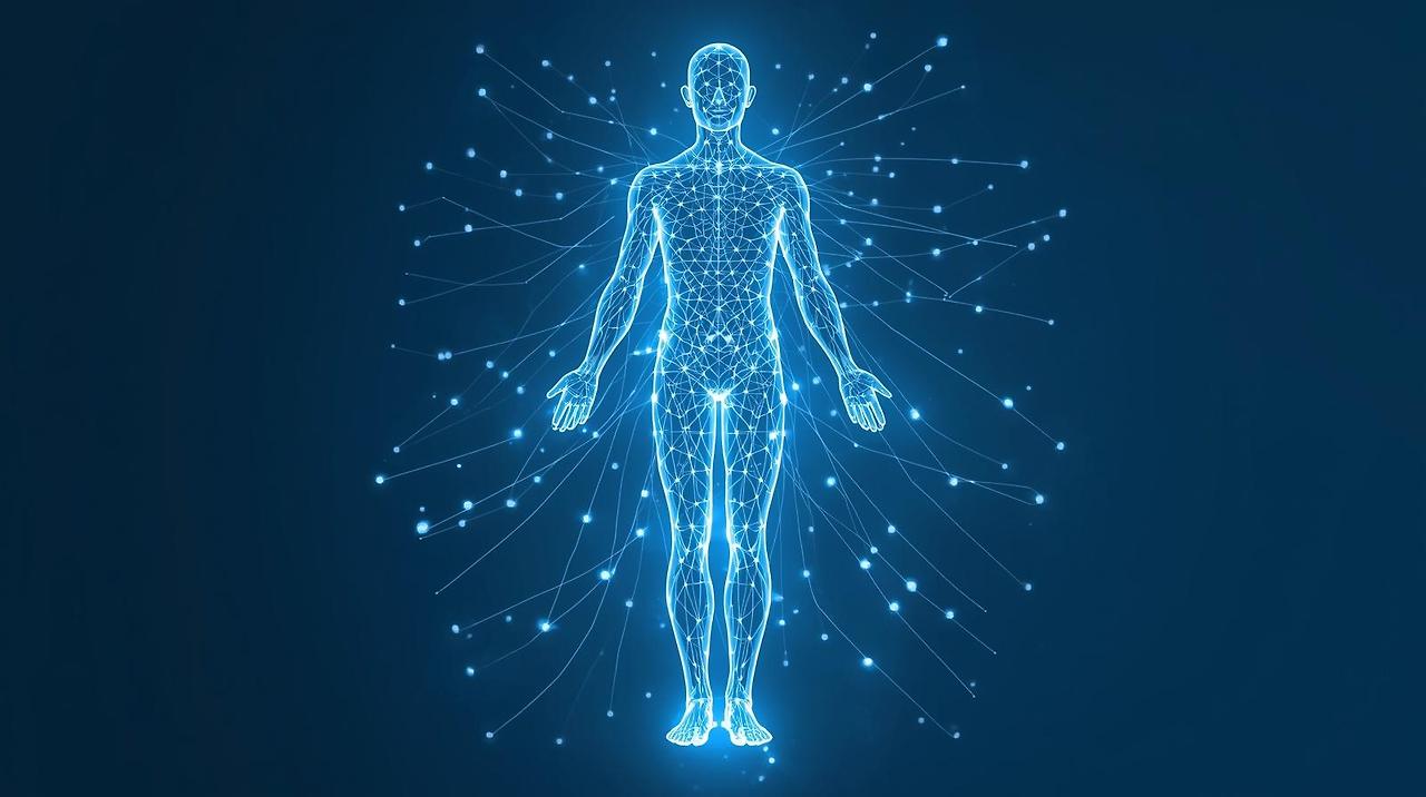 프롬프트_ connected human energy flow abstract lines, body structure and balance, soft glowing network inside human silhouette, minimal calm blue aesthetic, wellness editorial style, no text, high detail.jpg