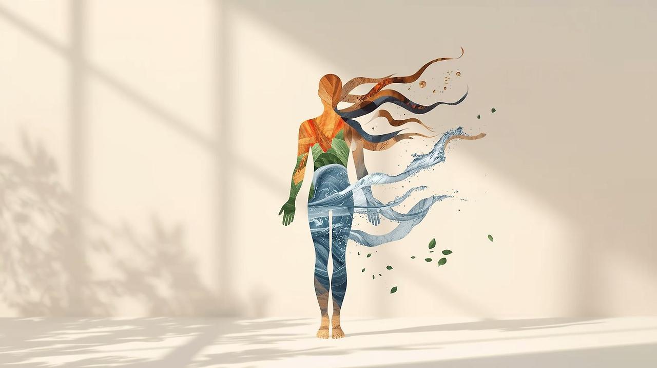 five elements and human body, wood fire earth metal water, abstract human silhouette with flowing natural energy, soft wellness editorial style, minimal beige blue gray tones, no text, high detail_soft wellness  (1).jpg