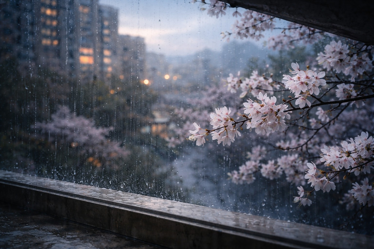 봄비에 젖은 벚꽃과 도시 풍경.jpg
